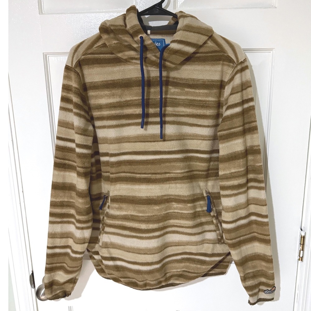 Chubbies Mens Fleece Hoodie Striped Tan Brown Pullover Sweatshirt Small